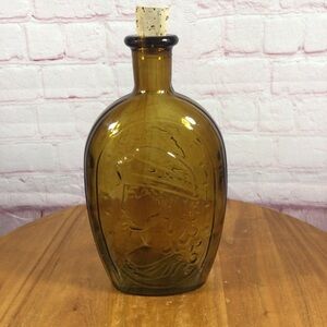 Vintage Wheaton Eagle and Lady Liberty Amber Glass Syrup Bottle with Cork Plug